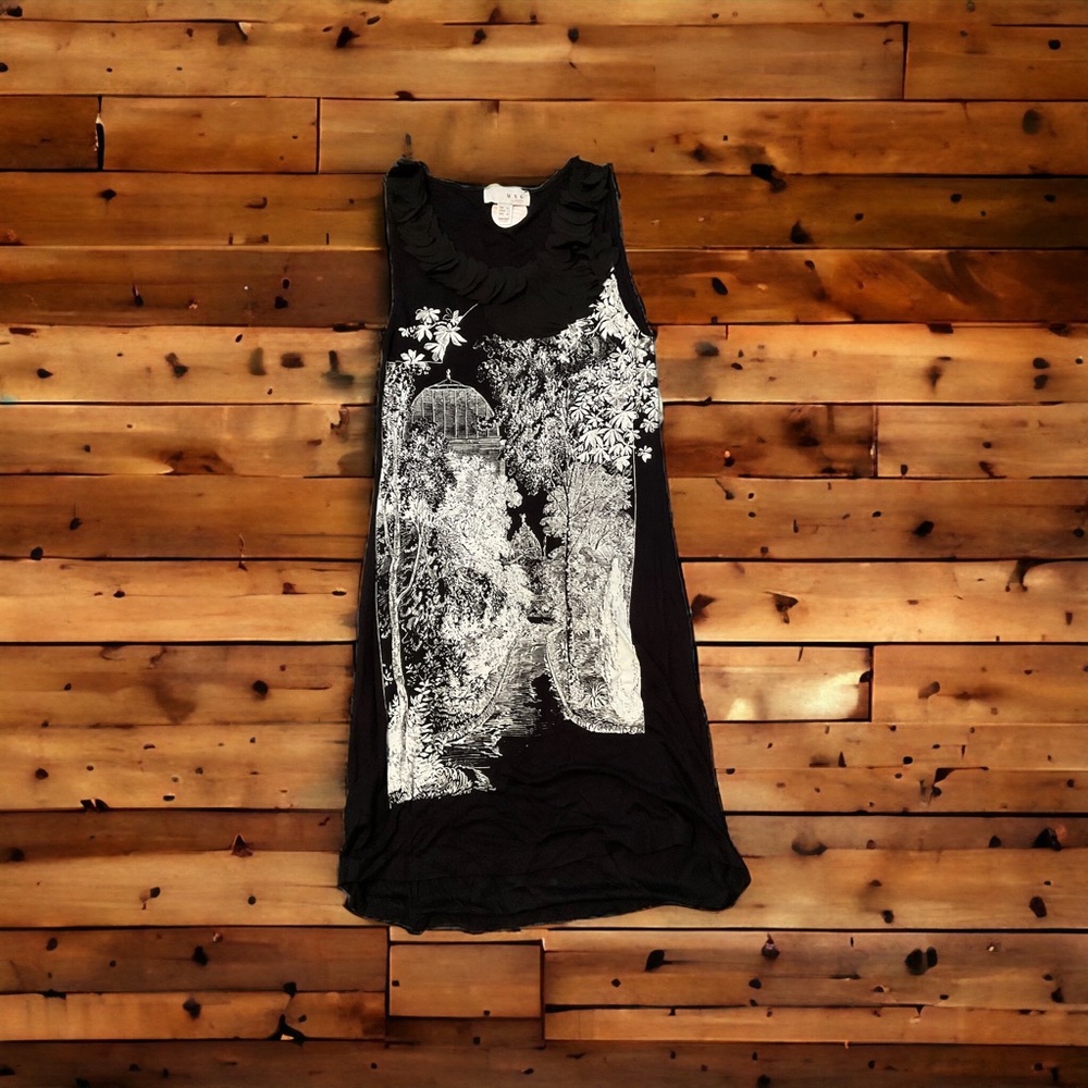 MNG by Mango Dress Women’s Black And white art ruffle neck tank sleeveless dress